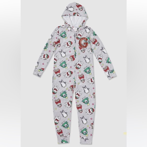 INITIAL J CHRISTMAS girls grey hooded one piece pajamas size 10 sloths penguins - Picture 1 of 3